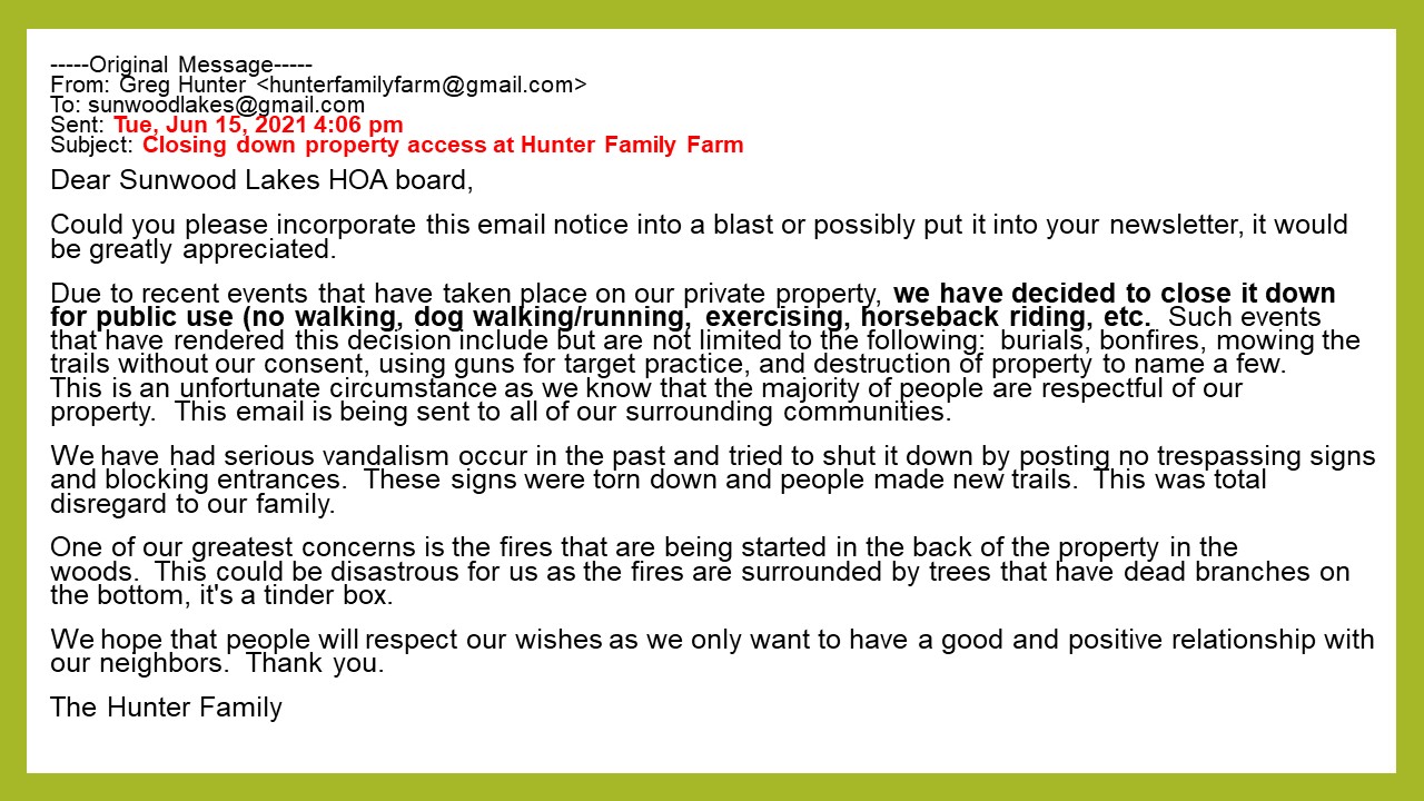 Email from Hunter Farms June 15, 2021